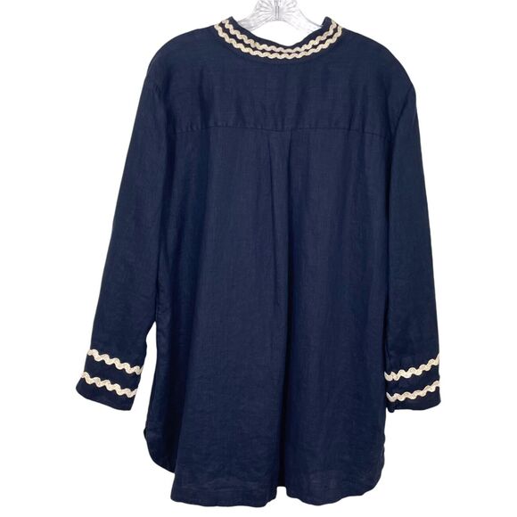 CHICO'S Rick Rack Trim Blouse Top Size 3 Size 16 Linen V-Neck Long Sleeve Navy - Picture 3 of 15